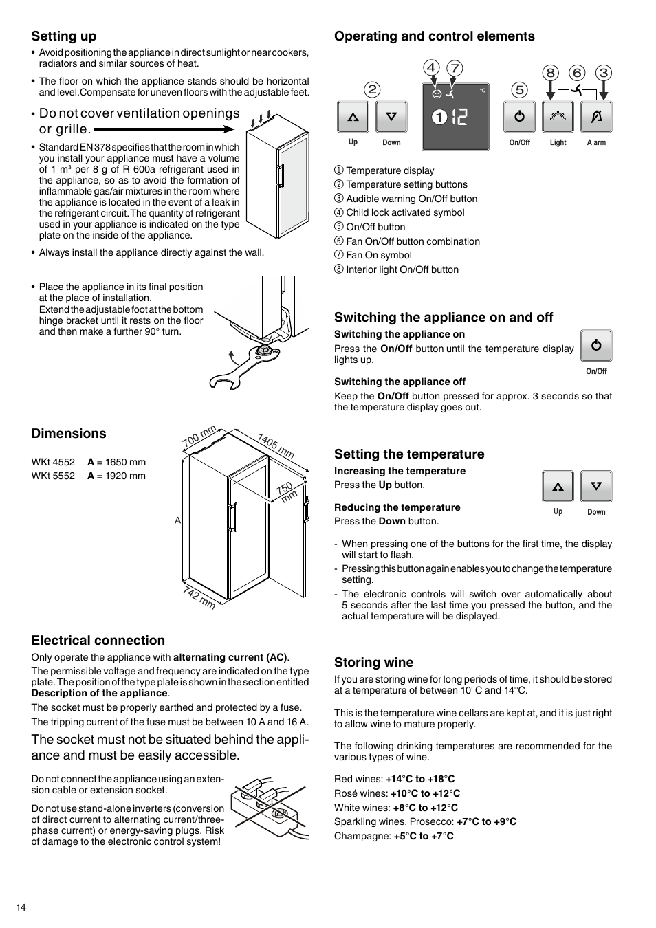 Setting the temperature, Storing wine, Operating and control elements | Switching the appliance on and off, Setting up, Do not cover ventilation openings or grille, Dimensions, Electrical connection | Liebherr WKes 4552 GrandCru User Manual | Page 4 / 11