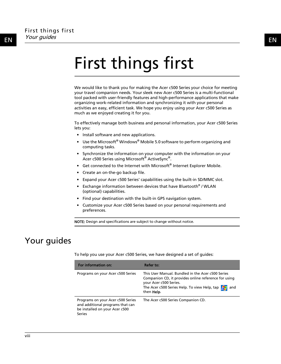 First things first, Your guides | Acer C500 User Manual | Page 10 / 54