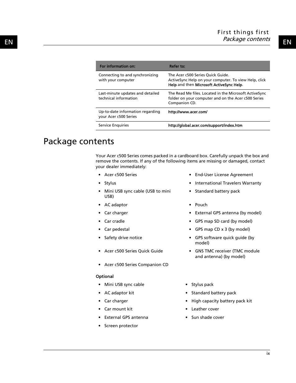 Package contents | Acer C500 User Manual | Page 11 / 54