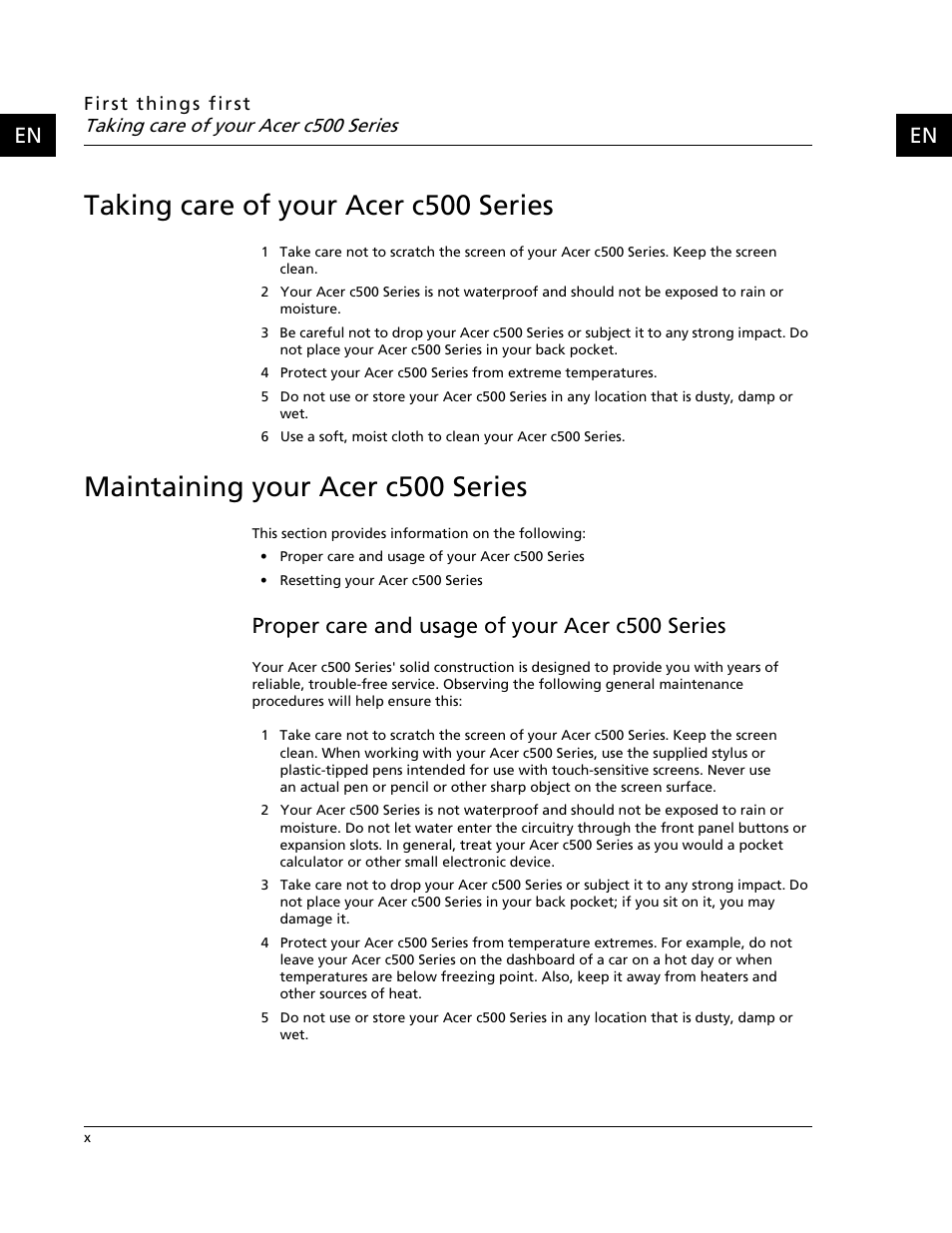 Taking care of your acer c500 series, Maintaining your acer c500 series, Proper care and usage of your acer c500 series | Acer C500 User Manual | Page 12 / 54