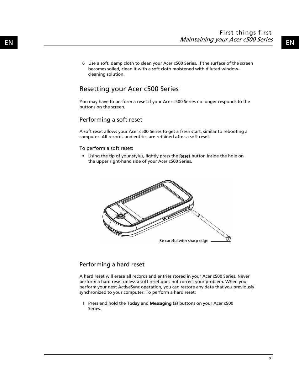 Resetting your acer c500 series | Acer C500 User Manual | Page 13 / 54
