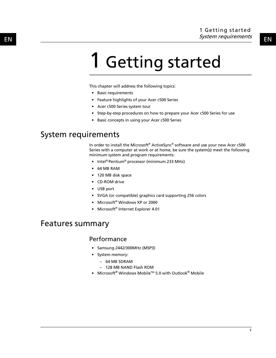 1 getting started, System requirements, Features summary | Performance, Getting started | Acer C500 User Manual | Page 17 / 54