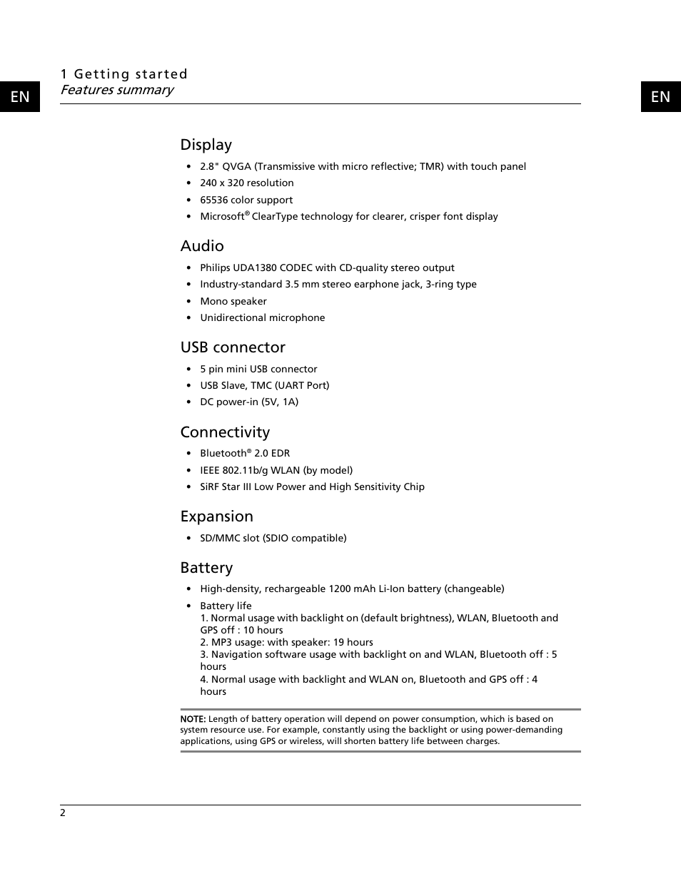 Display, Audio, Usb connector | Connectivity, Expansion, Battery, En display, Features summary | Acer C500 User Manual | Page 18 / 54