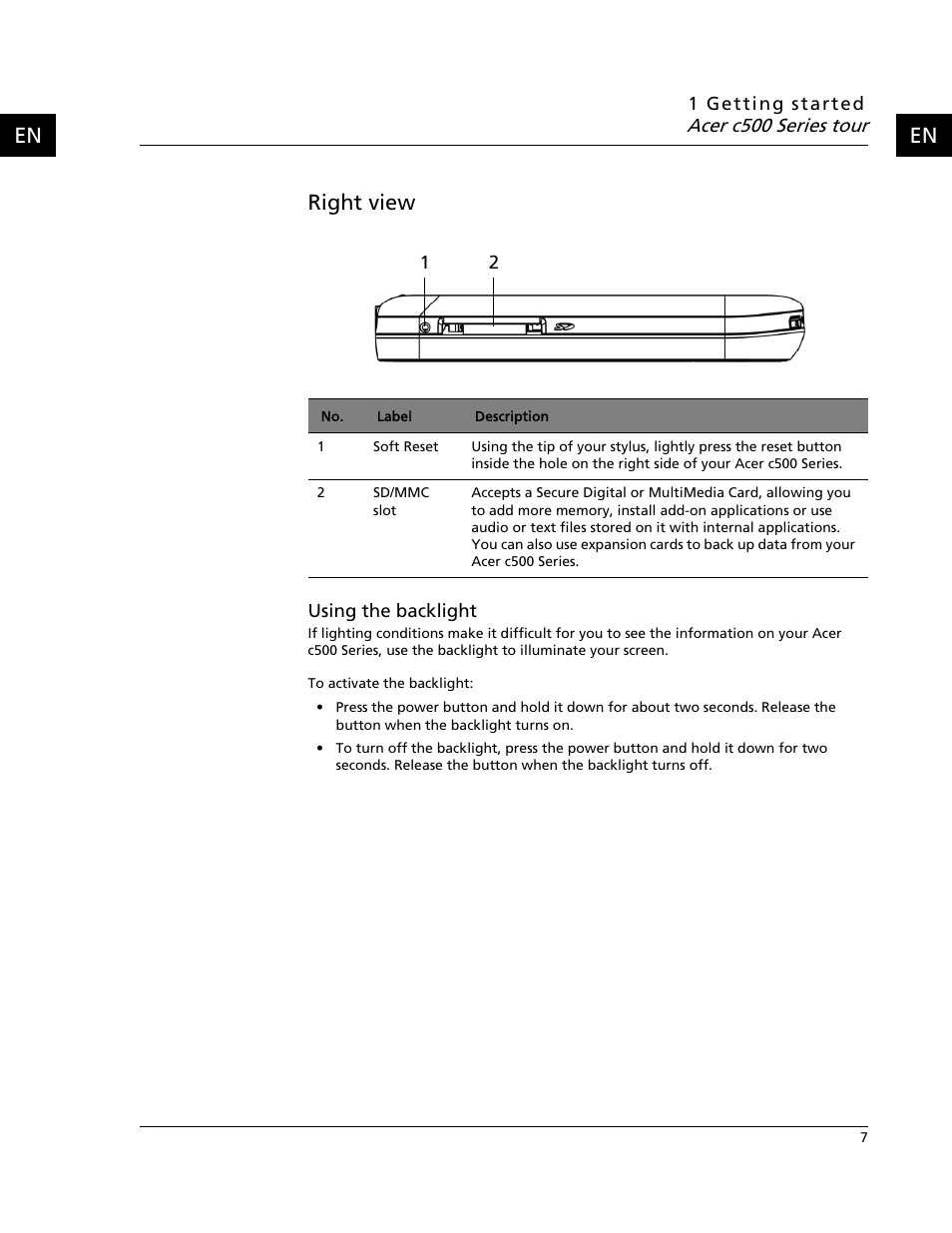 Right view, En right view | Acer C500 User Manual | Page 23 / 54