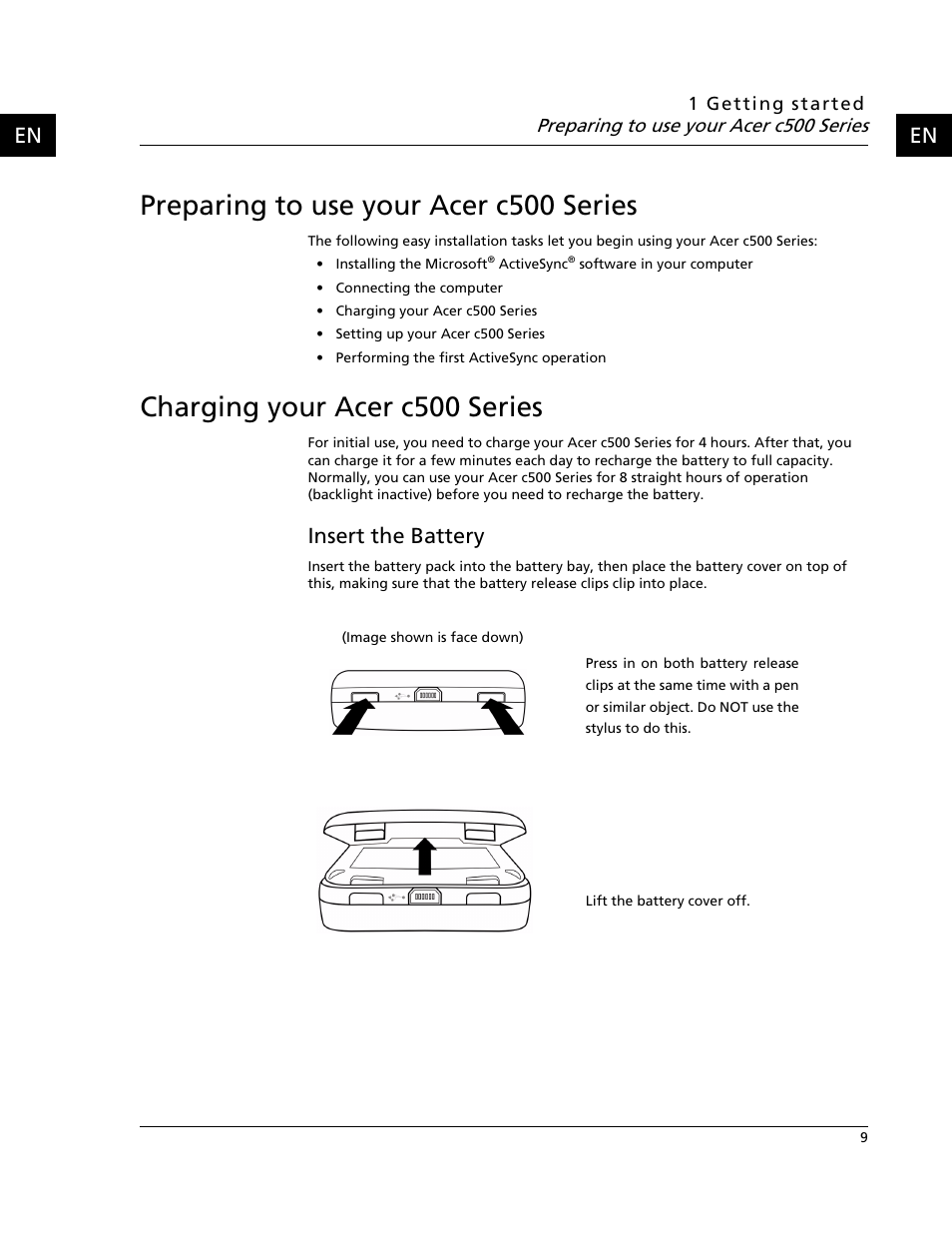 Preparing to use your acer c500 series, Charging your acer c500 series, Insert the battery | Acer C500 User Manual | Page 25 / 54