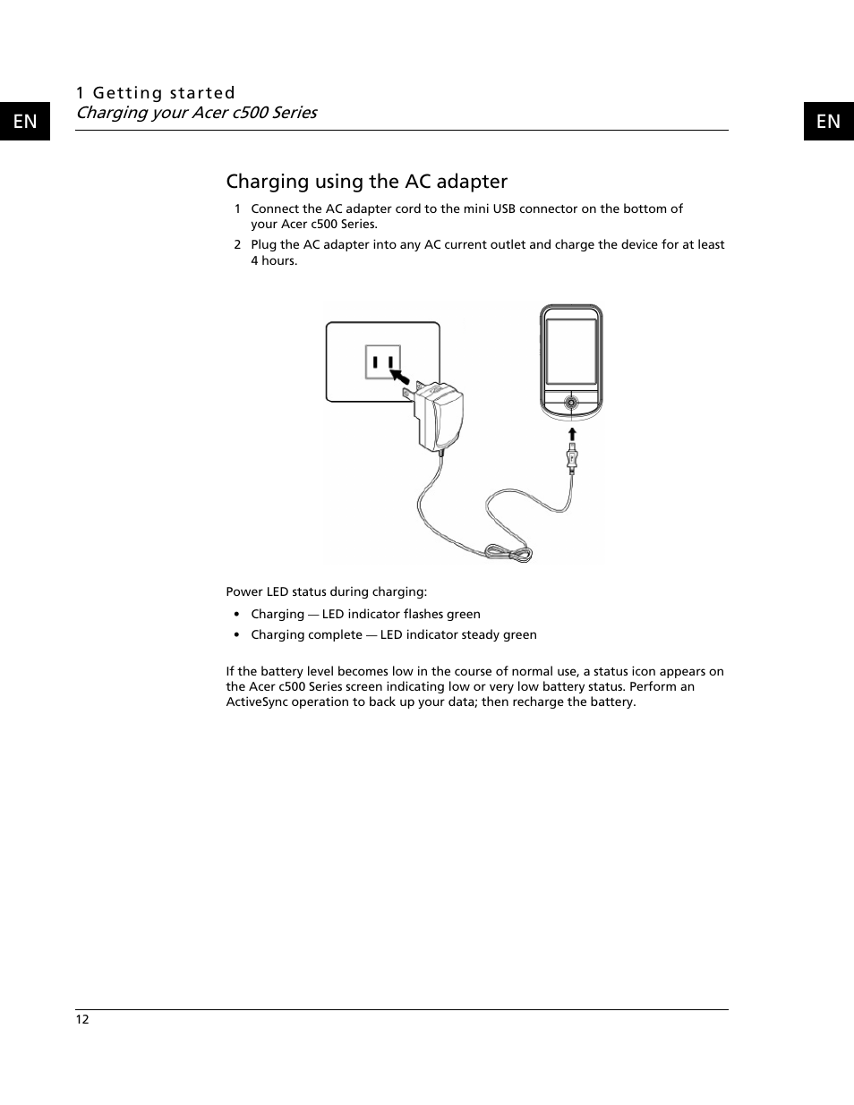 Charging using the ac adapter, En charging using the ac adapter, Charging your acer c500 series | Acer C500 User Manual | Page 28 / 54