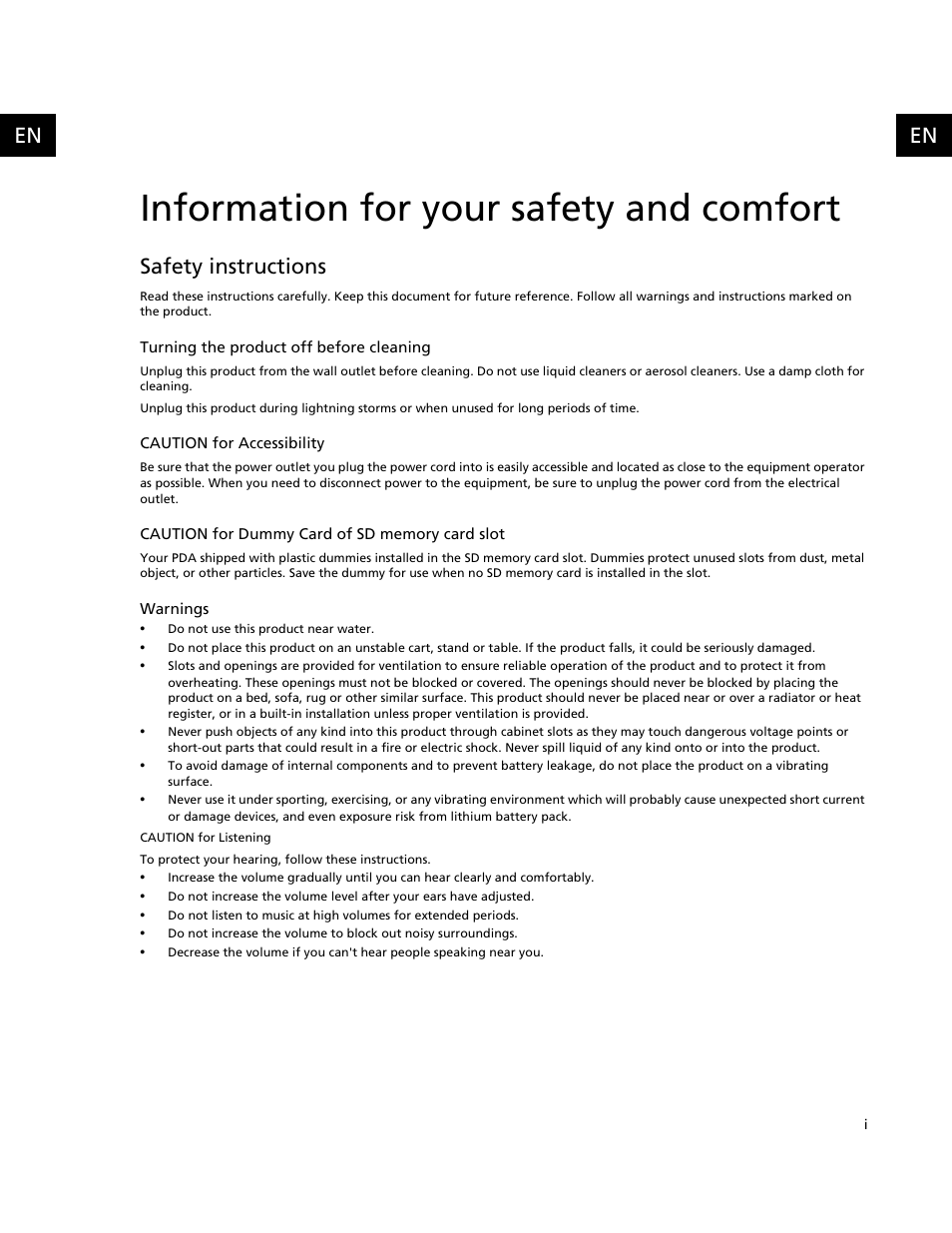 Information for your safety and comfort, Safety instructions | Acer C500 User Manual | Page 3 / 54