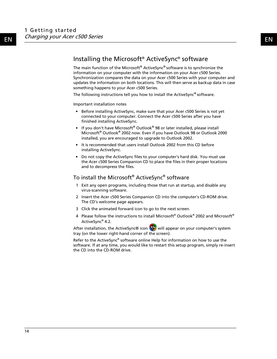 Installing the microsoft® activesync® software, En installing the microsoft, Activesync | Software, Charging your acer c500 series | Acer C500 User Manual | Page 30 / 54