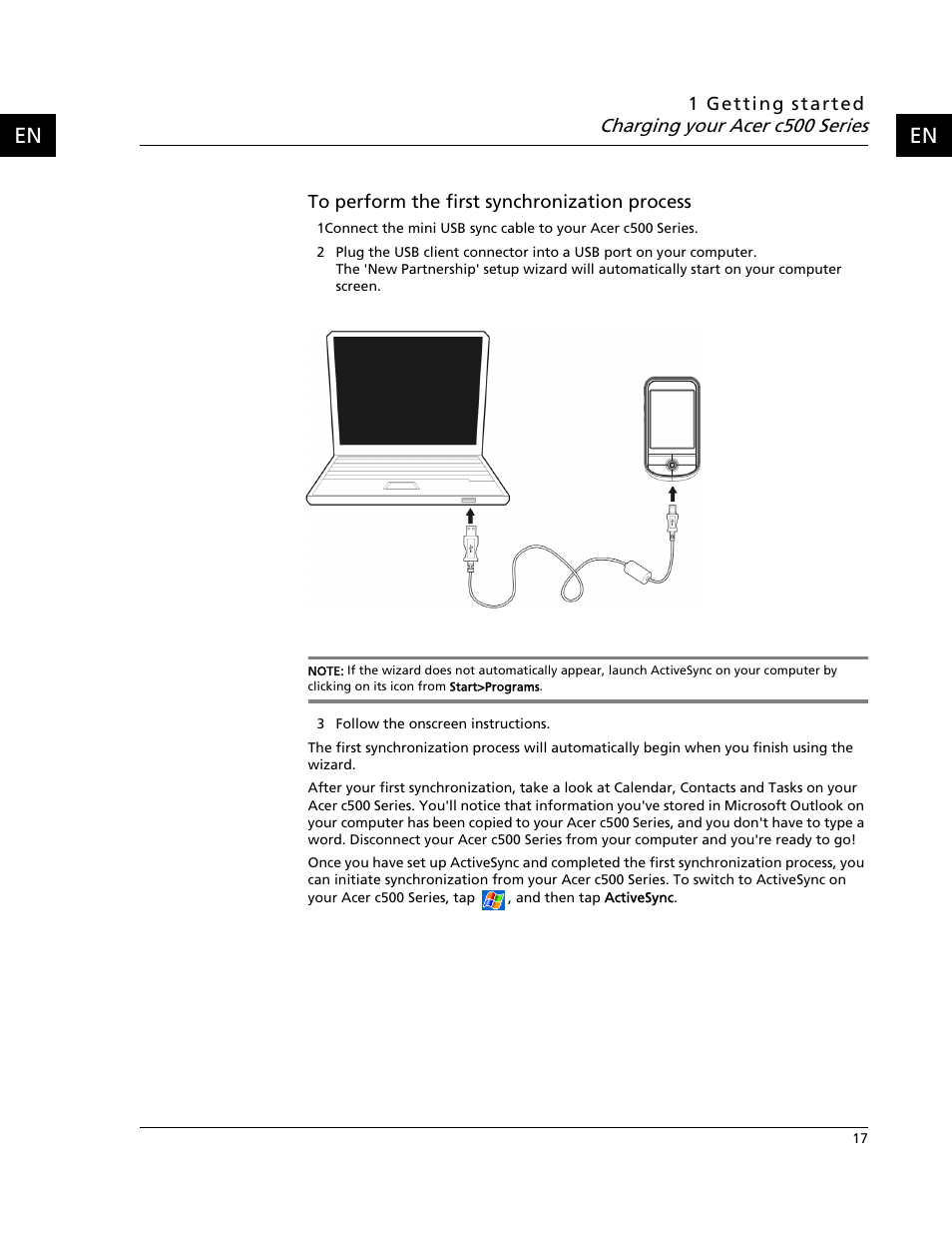 Charging your acer c500 series | Acer C500 User Manual | Page 33 / 54