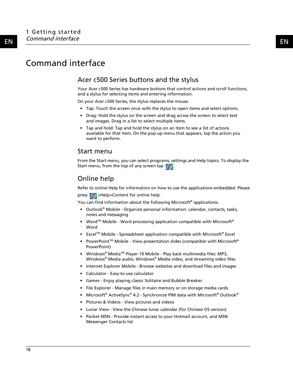 Command interface, Acer c500 series buttons and the stylus, Start menu | Online help | Acer C500 User Manual | Page 34 / 54