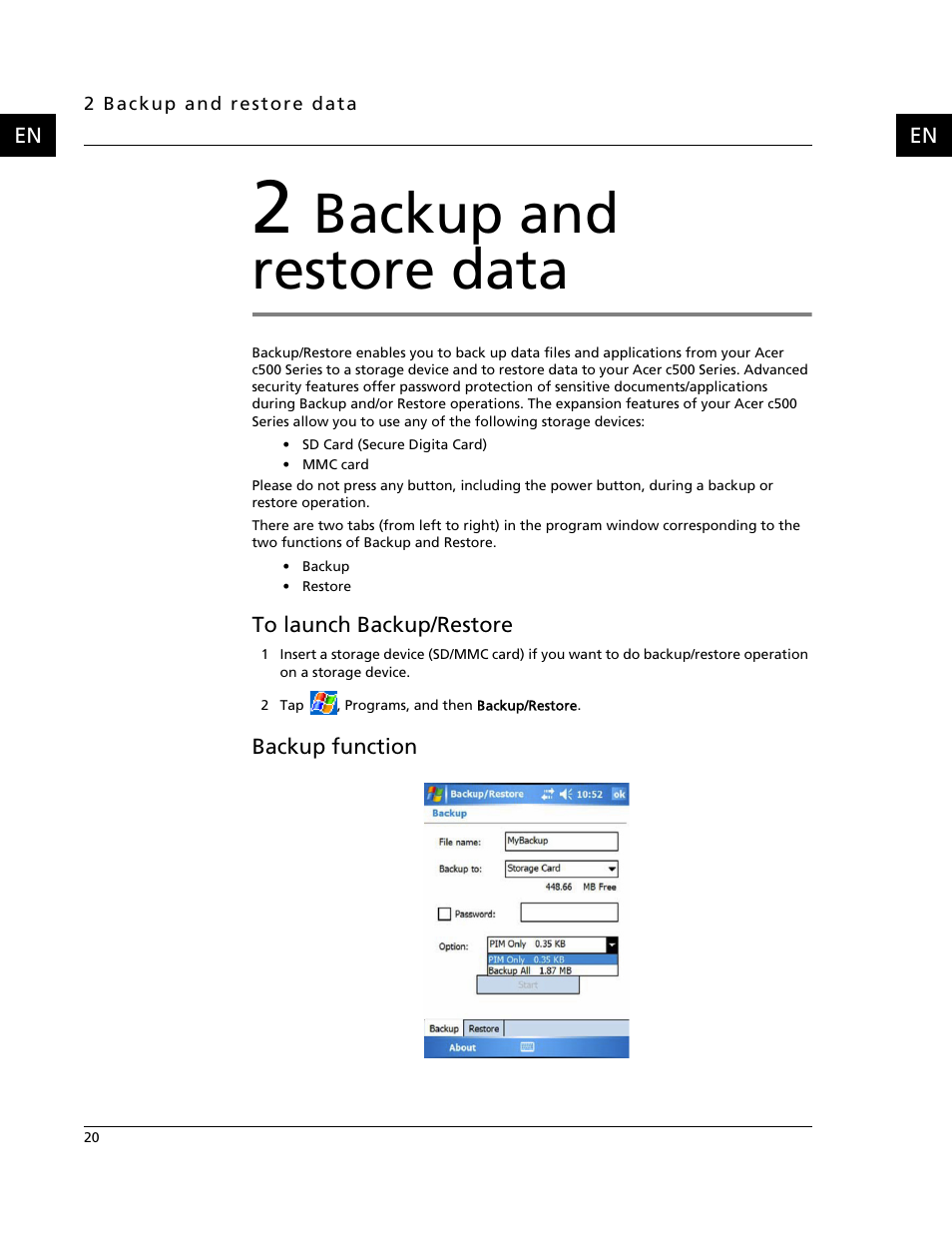 2 backup and restore data, To launch backup/restore, Backup function | Backup and restore data | Acer C500 User Manual | Page 36 / 54