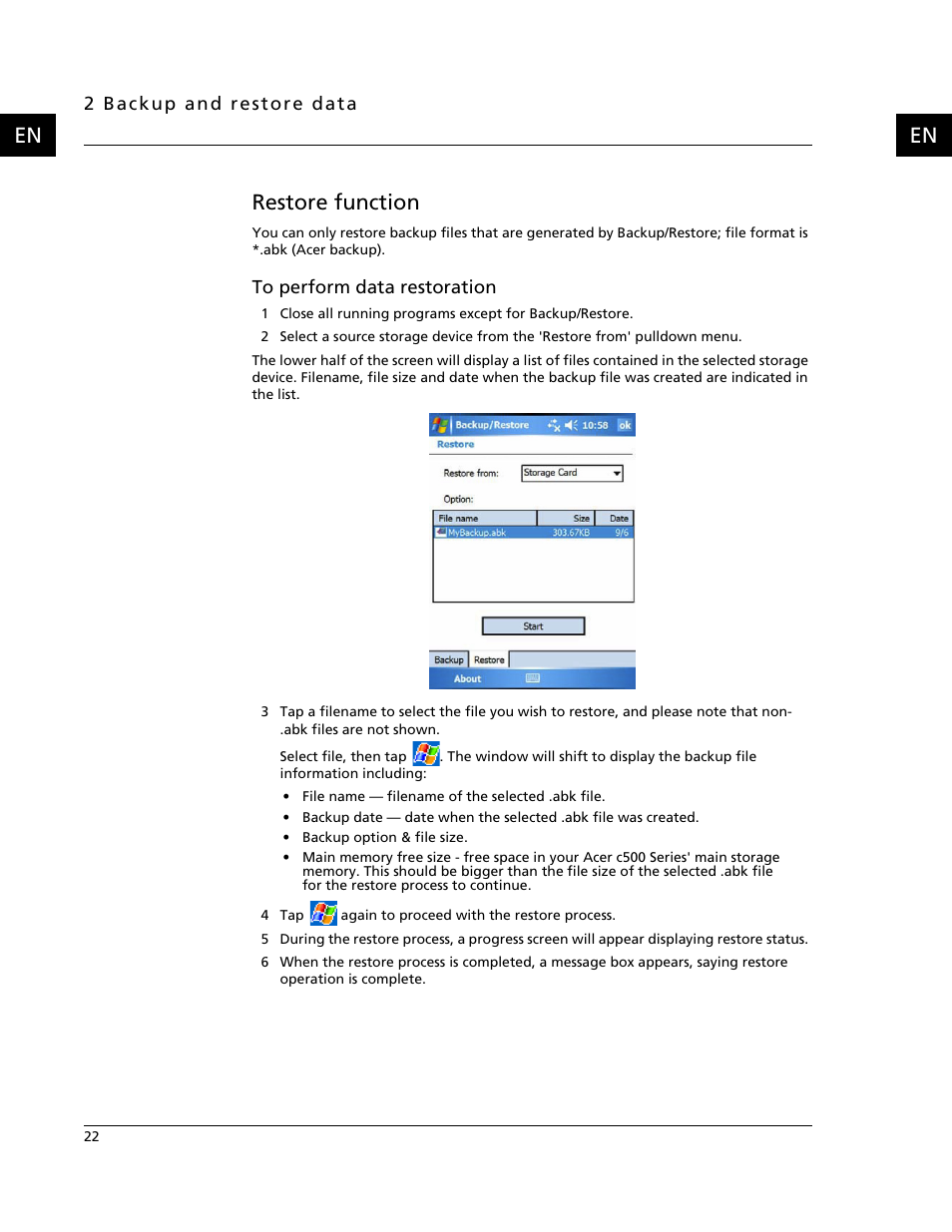 Restore function, En restore function | Acer C500 User Manual | Page 38 / 54