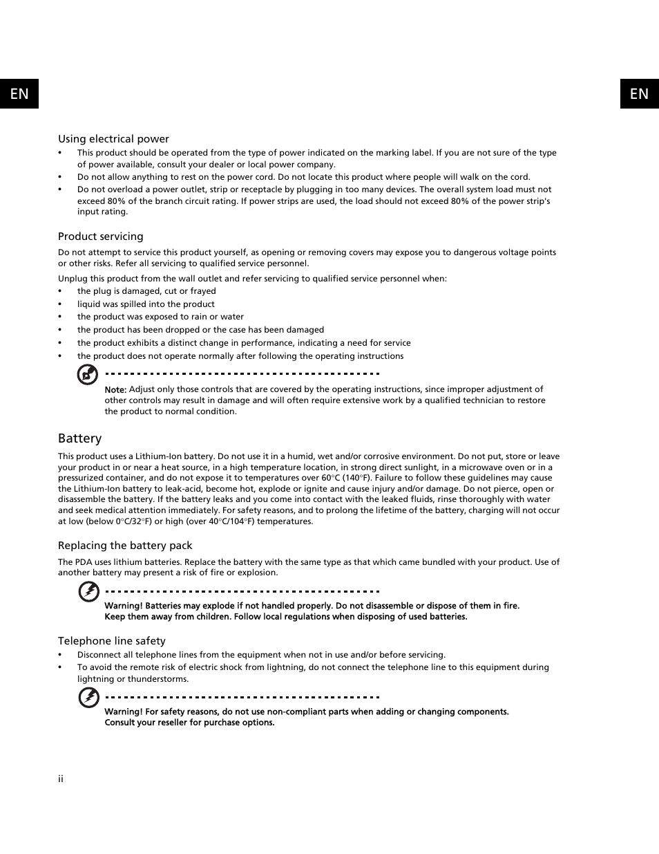 Battery | Acer C500 User Manual | Page 4 / 54