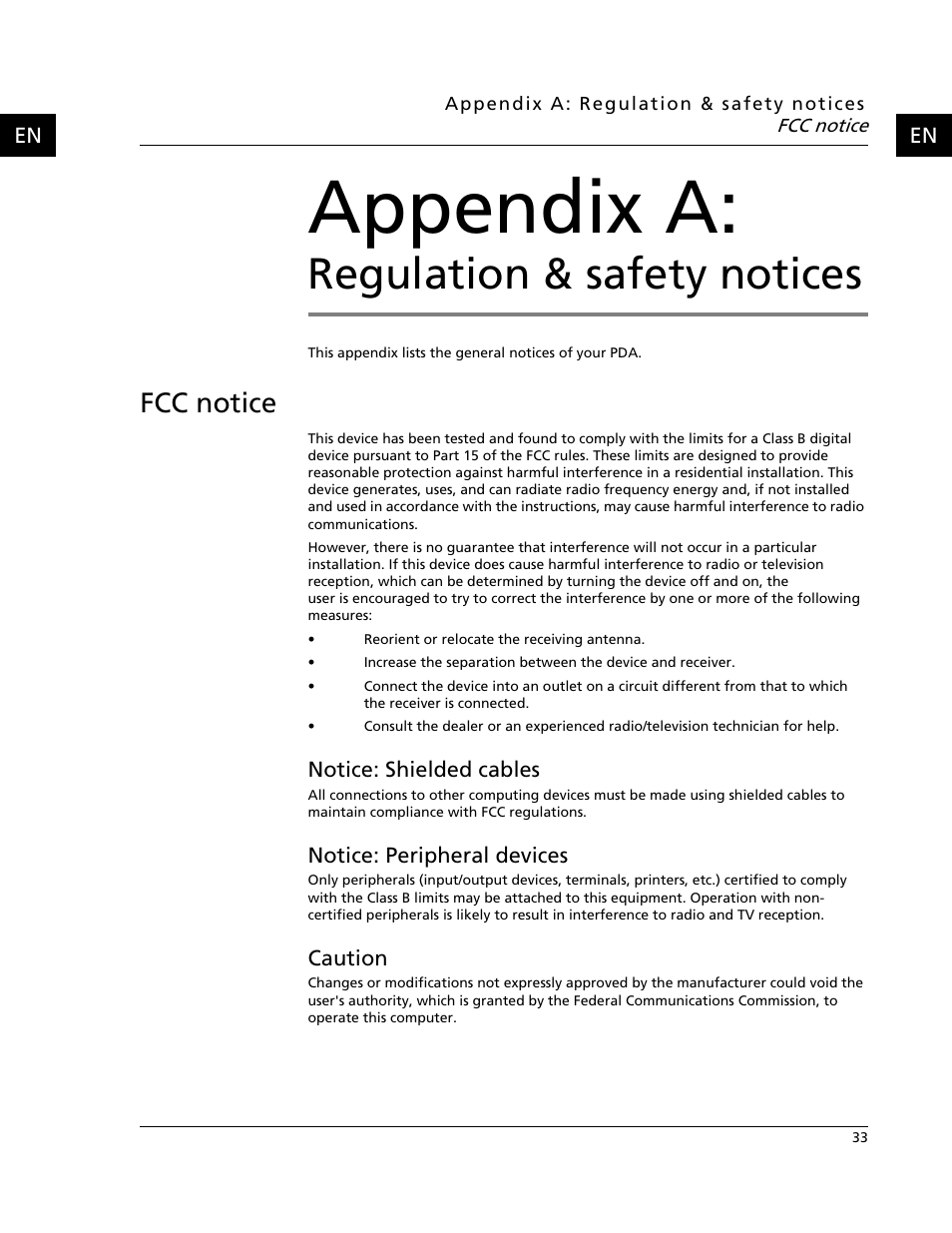 Appendix a: regulation & safety notices, Fcc notice, Notice: shielded cables | Notice: peripheral devices, Caution, Appendix a, Regulation & safety notices | Acer C500 User Manual | Page 49 / 54