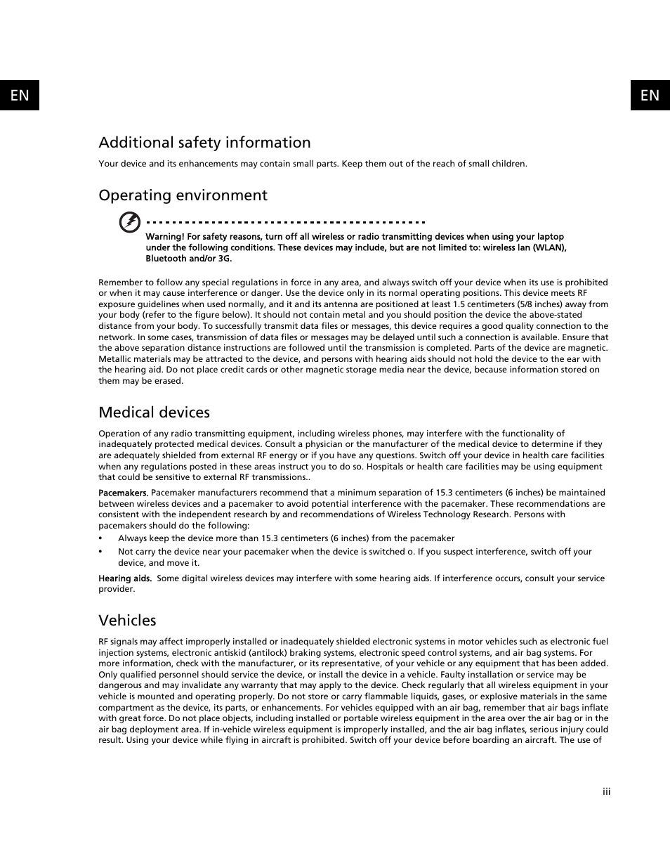 Additional safety information, Operating environment, Medical devices | Vehicles, En additional safety information | Acer C500 User Manual | Page 5 / 54