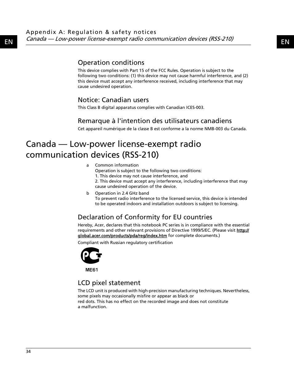 Operation conditions, Notice: canadian users, Remarque à l'intention des utilisateurs canadiens | Declaration of conformity for eu countries, Lcd pixel statement, Canada — low-power license-exempt radio, Communication devices (rss-210), En operation conditions | Acer C500 User Manual | Page 50 / 54