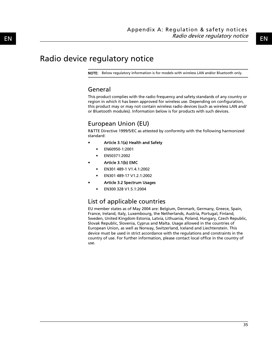 Radio device regulatory notice, General, European union (eu) | List of applicable countries | Acer C500 User Manual | Page 51 / 54