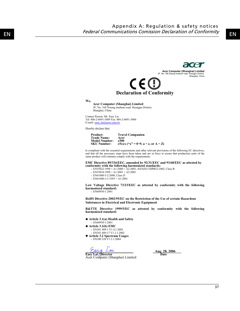 Declaration of conformity | Acer C500 User Manual | Page 53 / 54