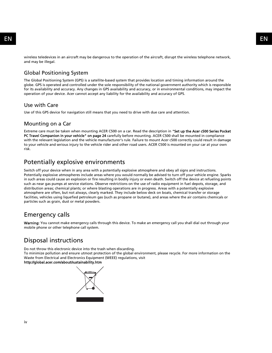 Potentially explosive environments, Emergency calls, Disposal instructions | Acer C500 User Manual | Page 6 / 54