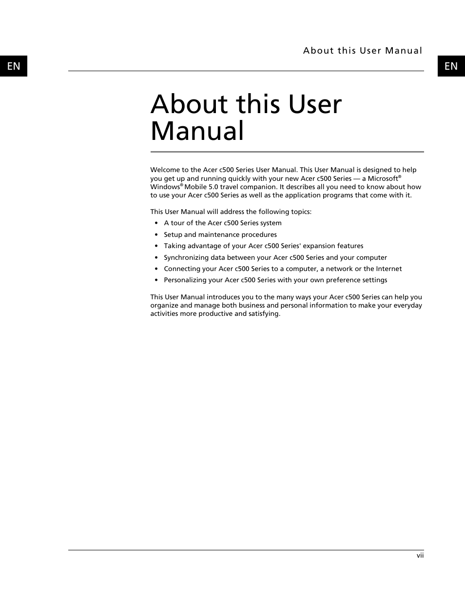 About this user manual | Acer C500 User Manual | Page 9 / 54