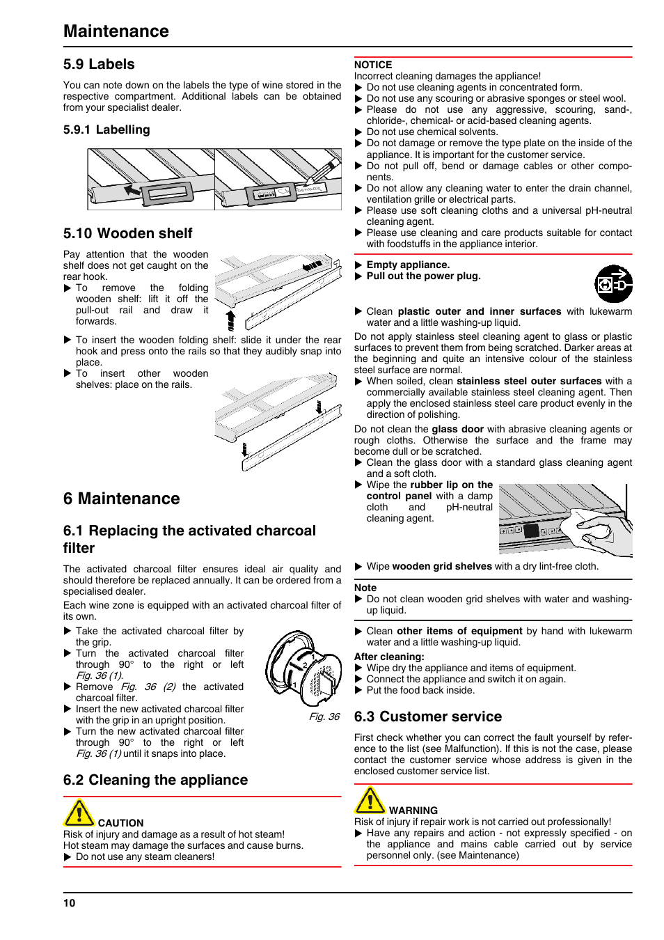 9labels, 1labelling, 10wooden shelf | 6maintenance, 1replacing the activated charcoal filter, 2cleaning the appliance, 3customer service, 6 maintenance, Maintenance, 9 labels | Liebherr WTEes 2053 Vinidor User Manual | Page 10 / 12