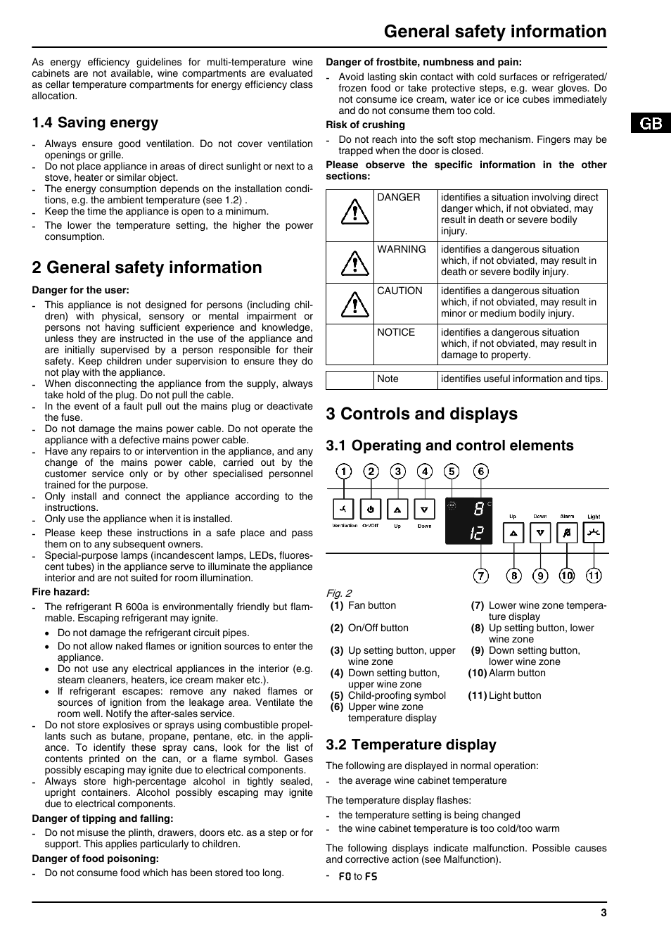 4saving energy, 2general safety information, 3controls and displays | 1operating and control elements, 2temperature display, 2 general safety information, 3 controls and displays, General safety information, 4 saving energy, 1 operating and control elements | Liebherr WTEes 2053 Vinidor User Manual | Page 3 / 12