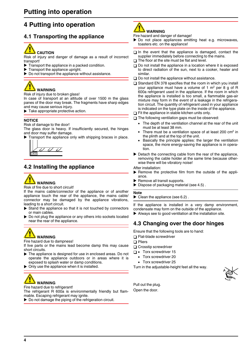 4putting into operation, 1transporting the appliance, 2installing the appliance | 3changing over the door hinges, 4 putting into operation, Putting into operation, 1 transporting the appliance, 2 installing the appliance, 3 changing over the door hinges | Liebherr WTEes 2053 Vinidor User Manual | Page 4 / 12