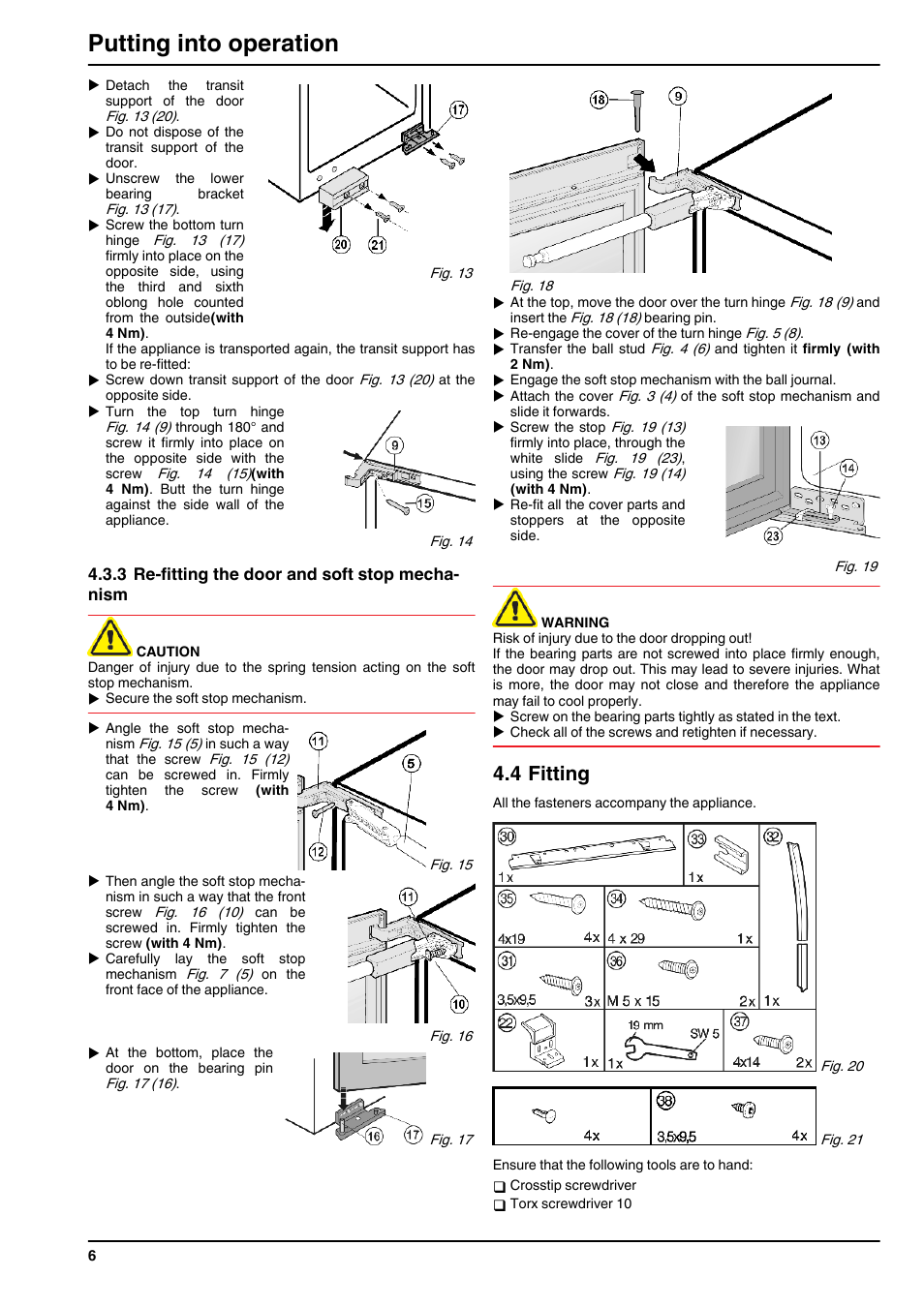 3re-fitting the door and soft stop mechanism, 4fitting, Putting into operation | 4 fitting | Liebherr WTEes 2053 Vinidor User Manual | Page 6 / 12