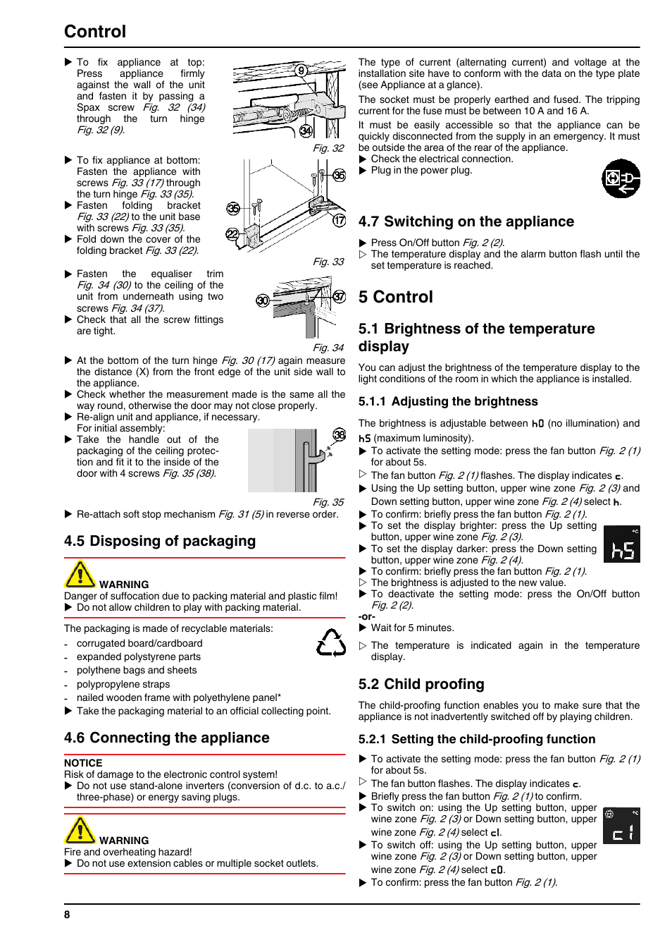 5disposing of packaging, 6connecting the appliance, 7switching on the appliance | 5control, 1brightness of the temperature display, 1adjusting the brightness, 2child proofing, 1setting the child-proofing function, 5 control, Control | Liebherr WTEes 2053 Vinidor User Manual | Page 8 / 12