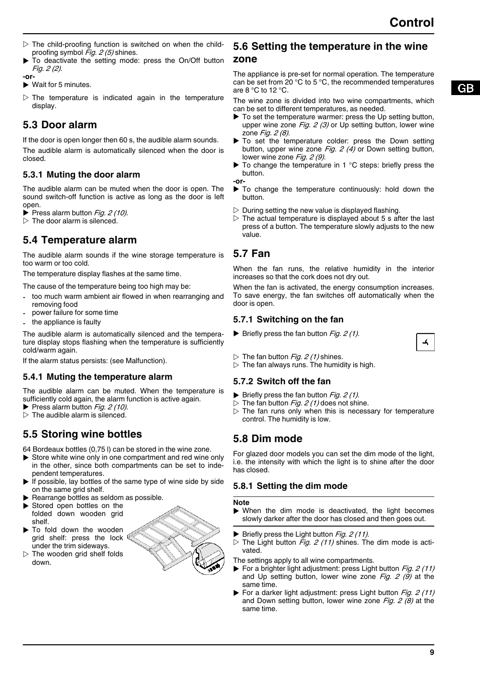 3door alarm, 1muting the door alarm, 4temperature alarm | 1muting the temperature alarm, 5storing wine bottles, 6setting the temperature in the wine zone, 7fan, 1switching on the fan, 2switch off the fan, 8dim mode | Liebherr WTEes 2053 Vinidor User Manual | Page 9 / 12