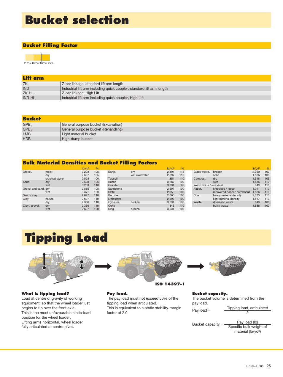 Bucket selection, Tipping load, Bucket filling factor lift arm | Bucket, Bulk material densities and bucket filling factors | Liebherr L 566 User Manual | Page 25 / 28