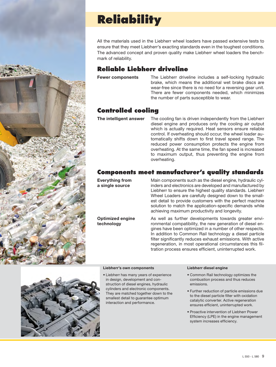 Reliability, Reliable liebherr driveline, Controlled cooling | Components meet manufacturer’s quality standards | Liebherr L 566 User Manual | Page 9 / 28