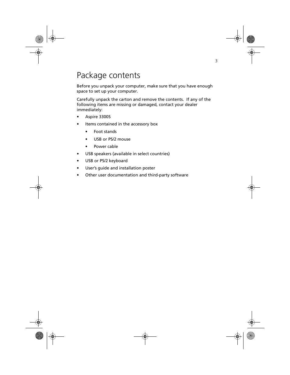 Package contents | Acer Aspire 3300S User Manual | Page 11 / 61