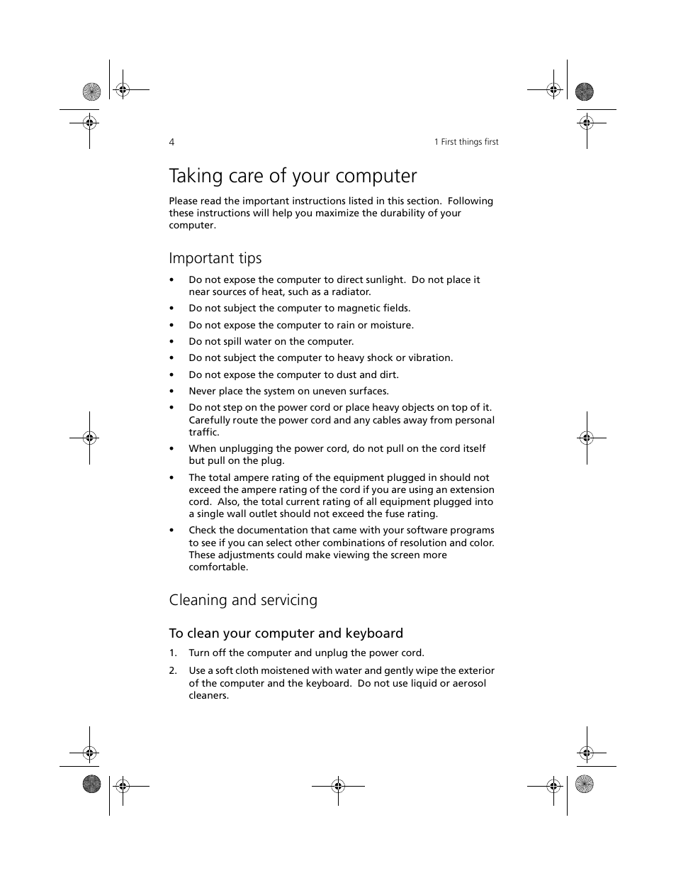 Taking care of your computer, Important tips, Cleaning and servicing | Acer Aspire 3300S User Manual | Page 12 / 61