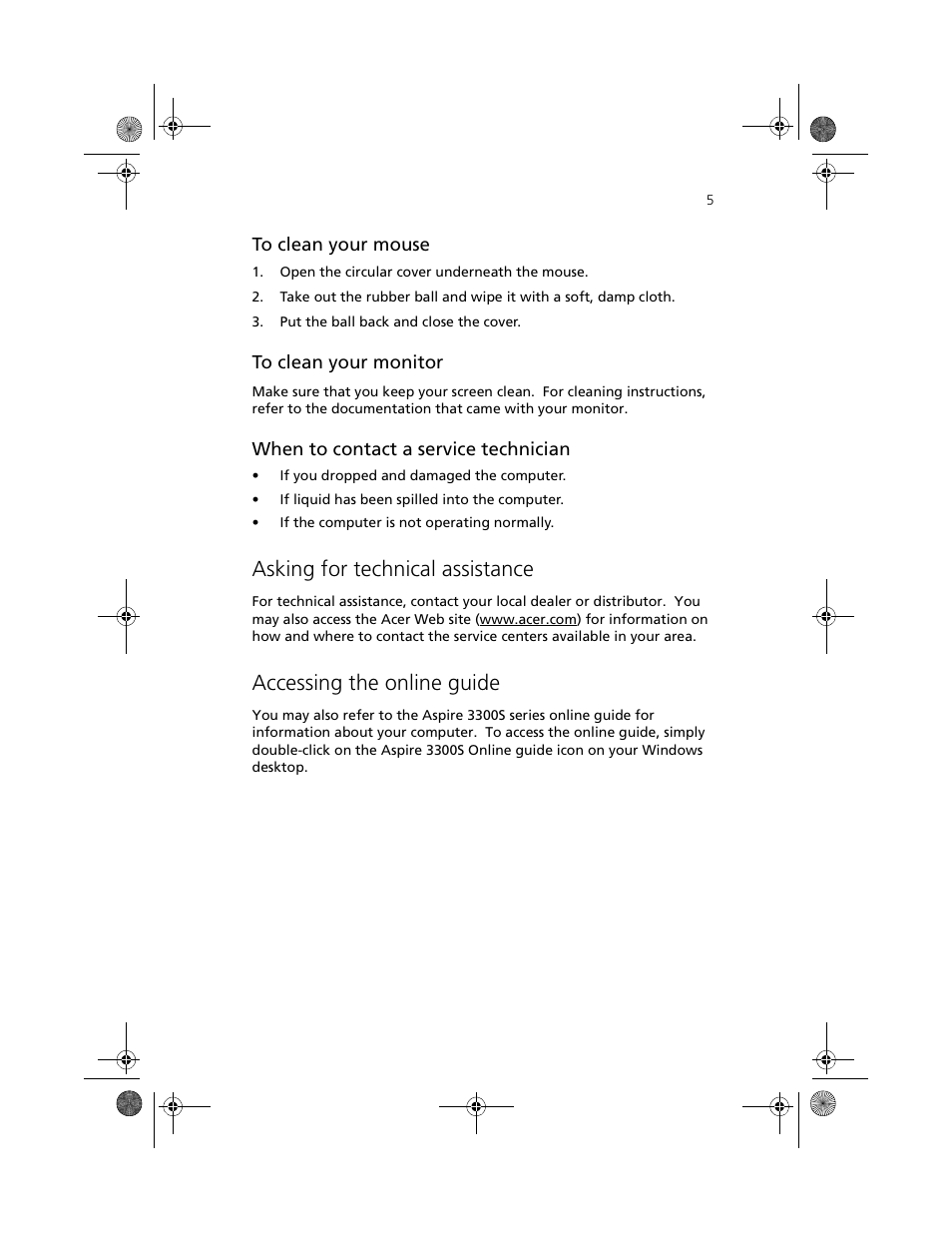 Asking for technical assistance, Accessing the online guide | Acer Aspire 3300S User Manual | Page 13 / 61