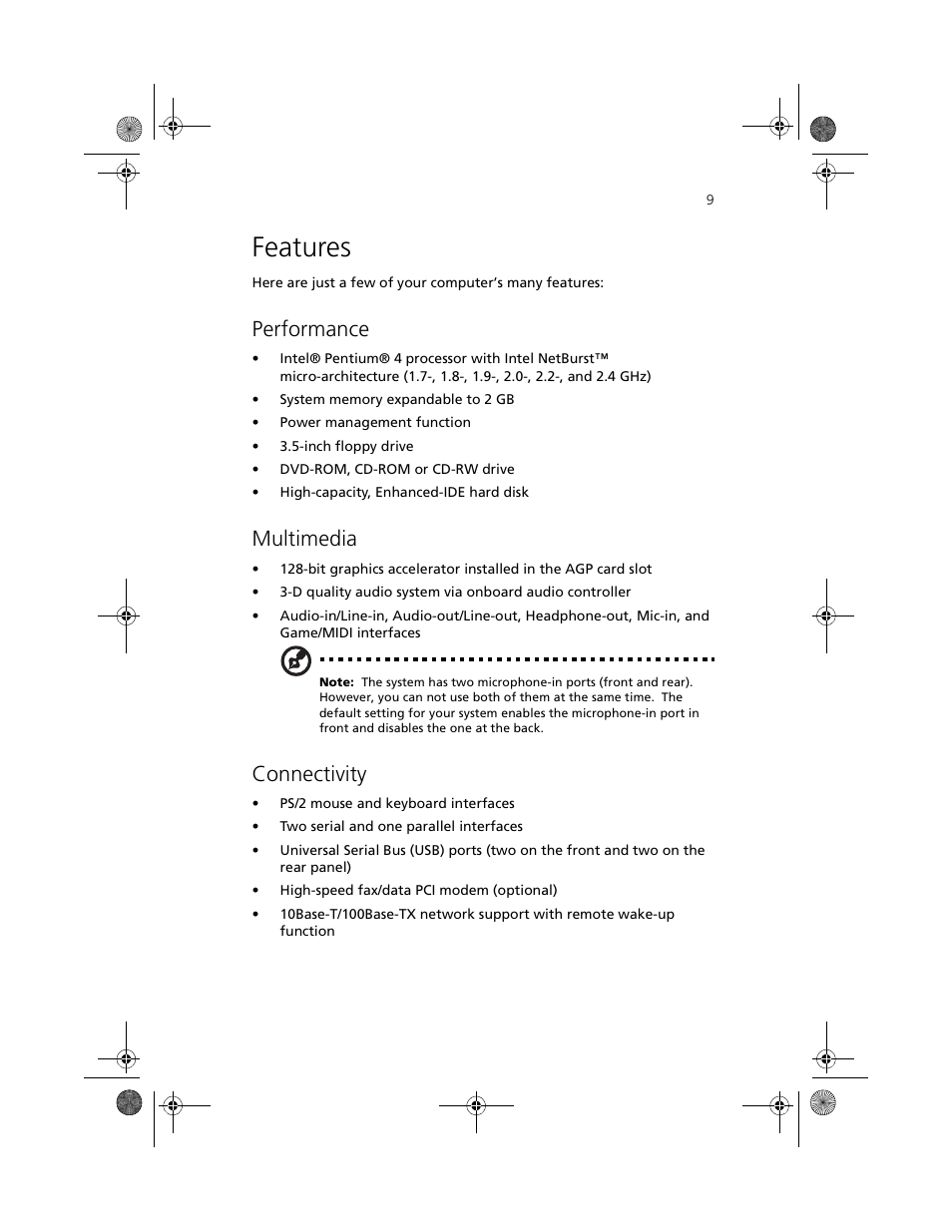 Features, Performance, Multimedia | Connectivity, Features 9 | Acer Aspire 3300S User Manual | Page 17 / 61