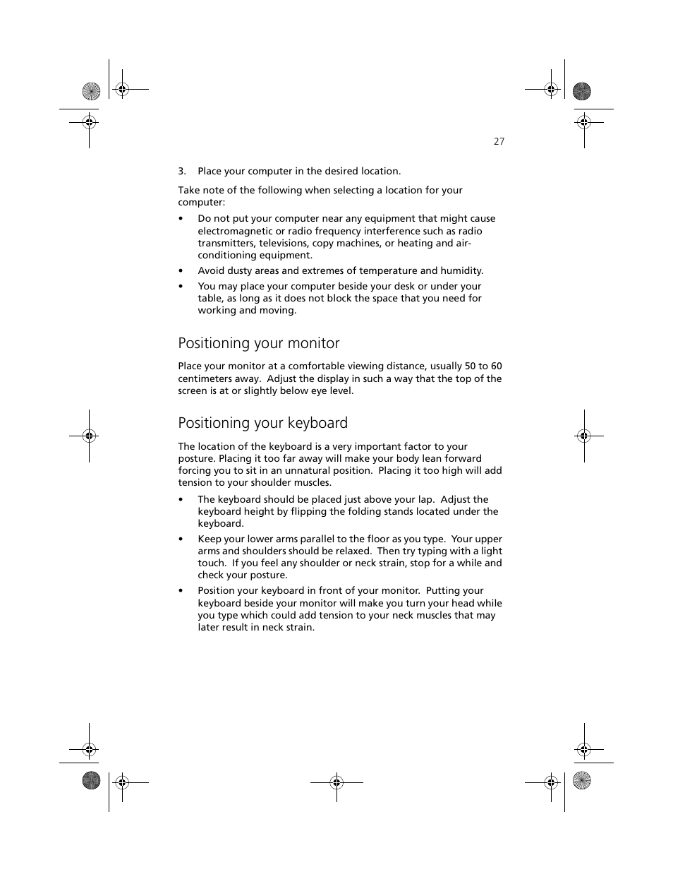 Positioning your monitor, Positioning your keyboard | Acer Aspire 3300S User Manual | Page 35 / 61