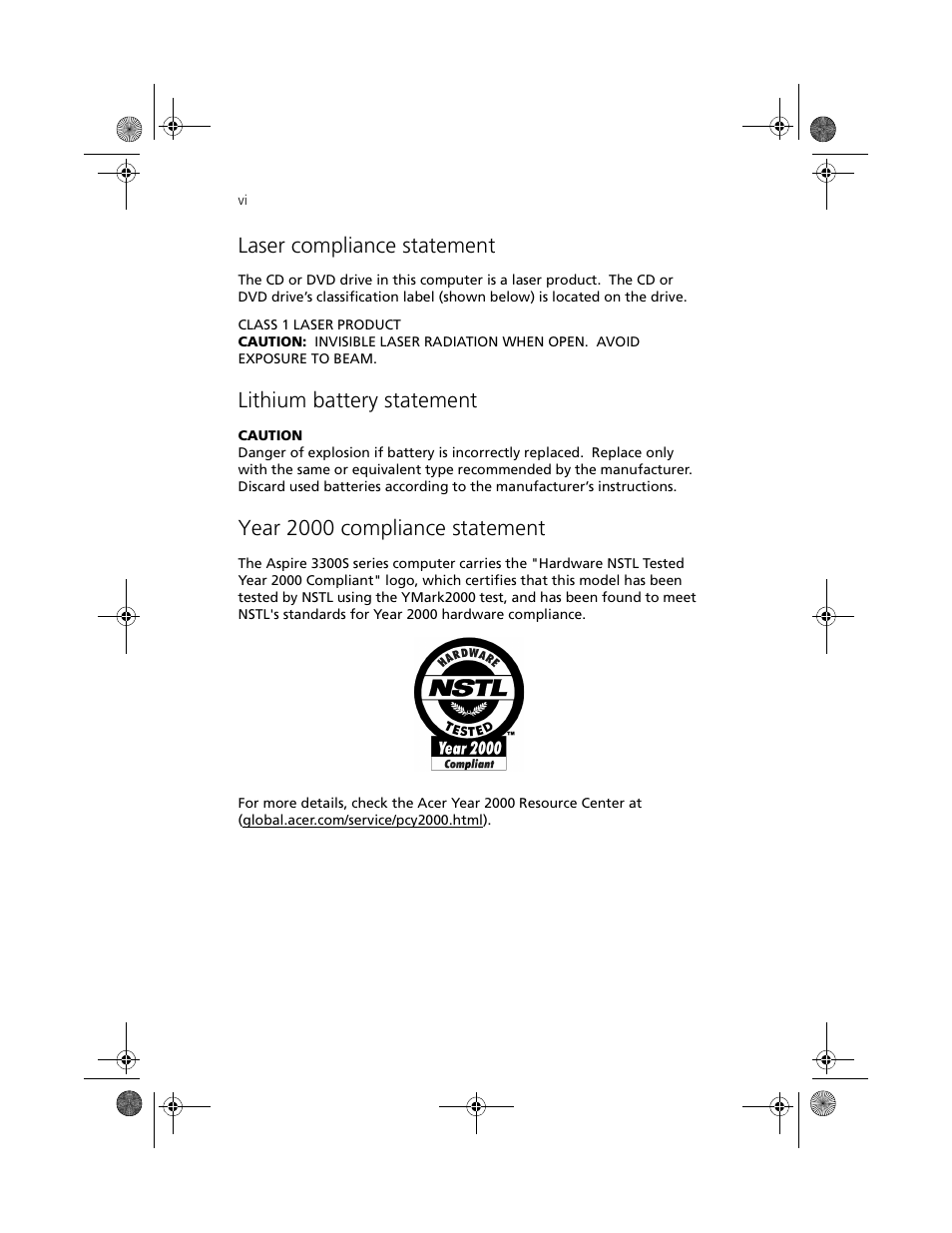 Laser compliance statement, Lithium battery statement, Year 2000 compliance statement | Acer Aspire 3300S User Manual | Page 6 / 61