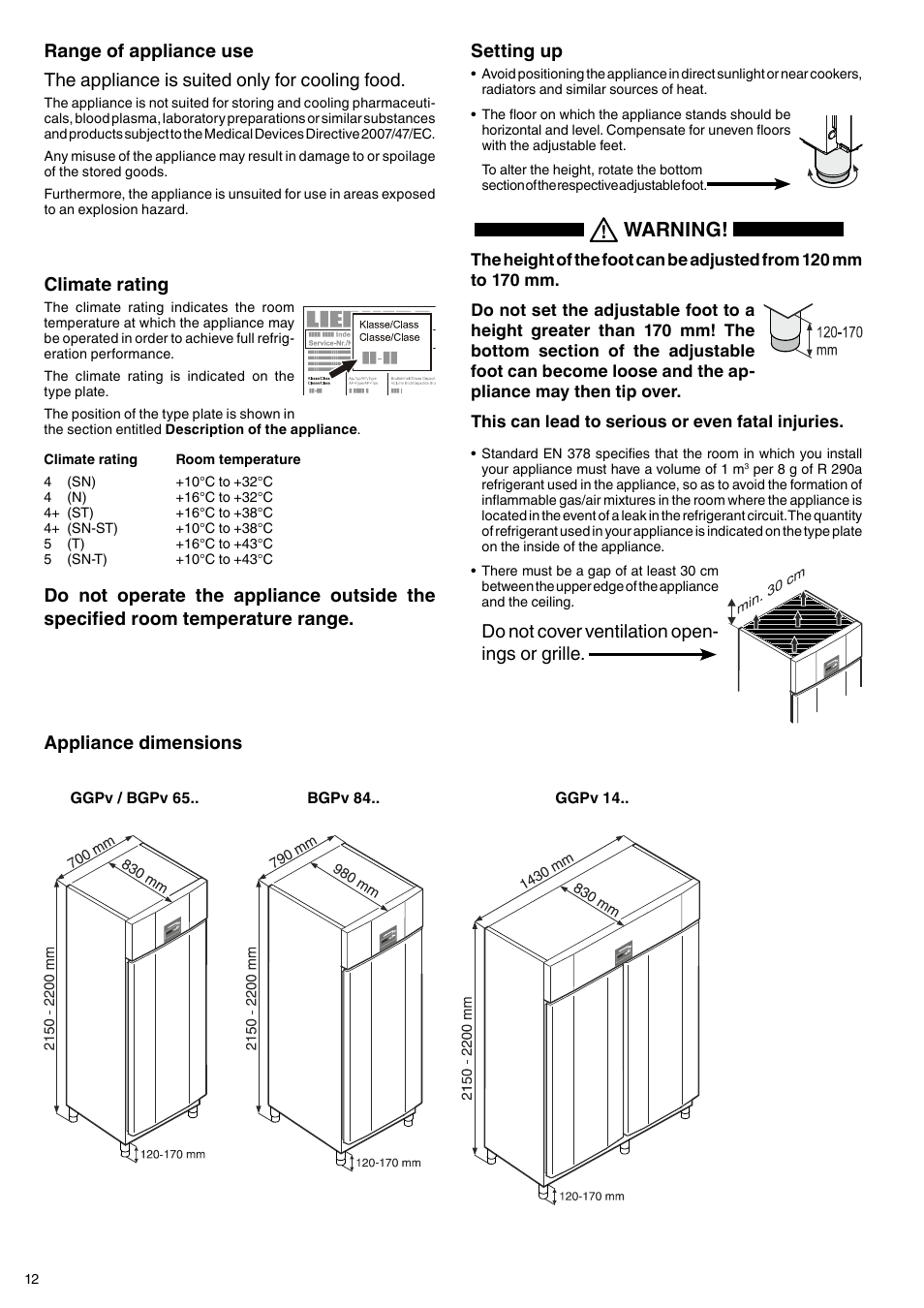 Warning, Appliance dimensions setting up | Liebherr GGPv 6570 ProfiLine User Manual | Page 4 / 9