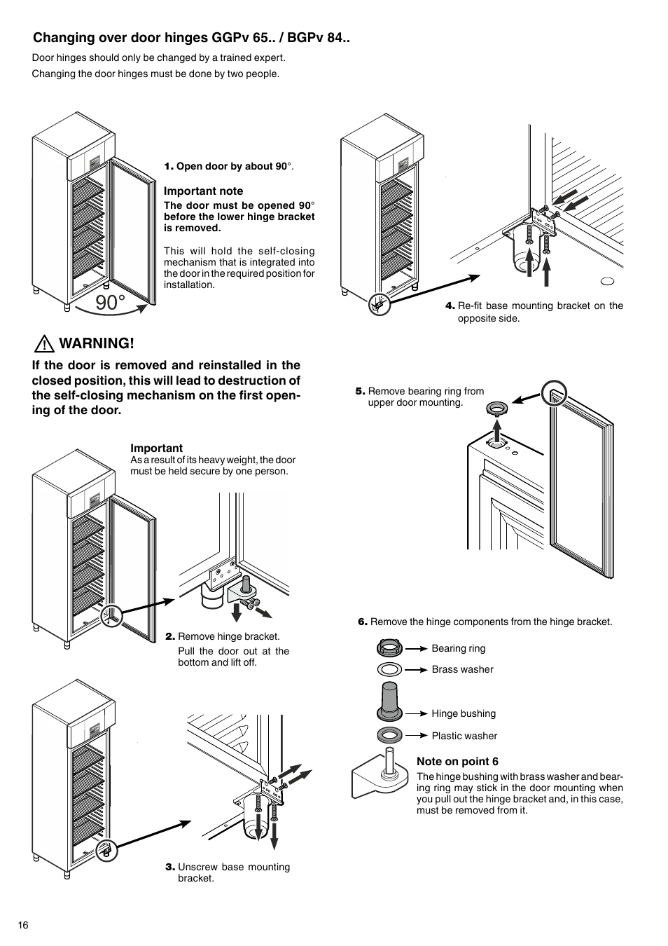 Warning, Changing over door hinges ggpv 65.. / bgpv 84 | Liebherr GGPv 6570 ProfiLine User Manual | Page 8 / 9
