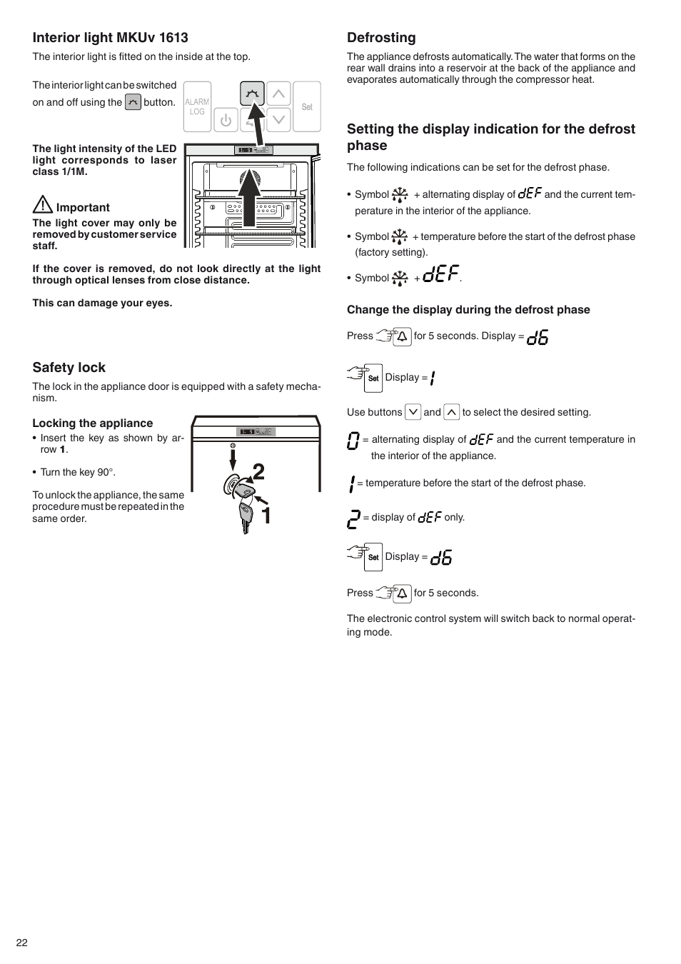 Defrosting, Safety lock, Interior light mkuv 1613 | Liebherr MKUv 1610 User Manual | Page 10 / 13