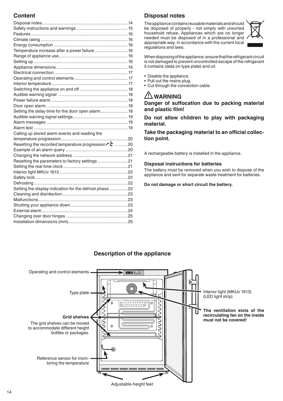 Warning, Content, Description of the appliance | Liebherr MKUv 1610 User Manual | Page 2 / 13