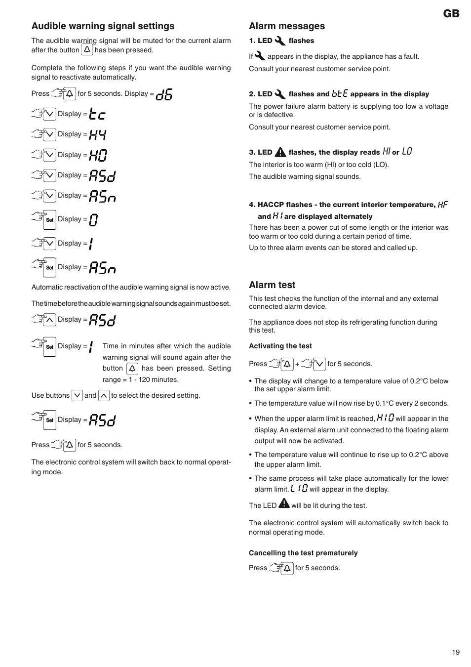 Alarm messages, Alarm test, Audible warning signal settings | Liebherr MKUv 1610 User Manual | Page 7 / 13