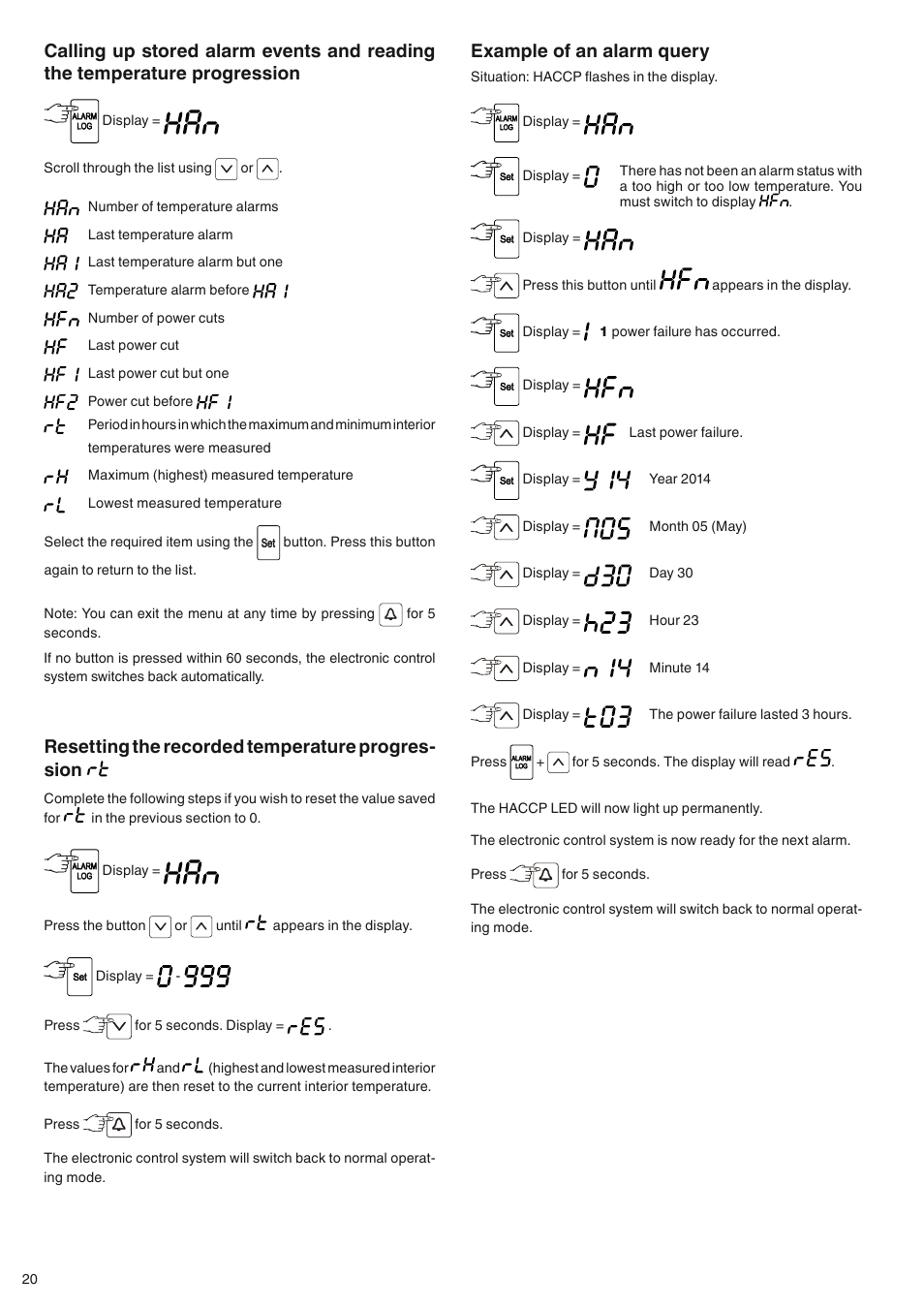 Example of an alarm query, Resetting the recorded temperature progres- sion | Liebherr MKUv 1610 User Manual | Page 8 / 13