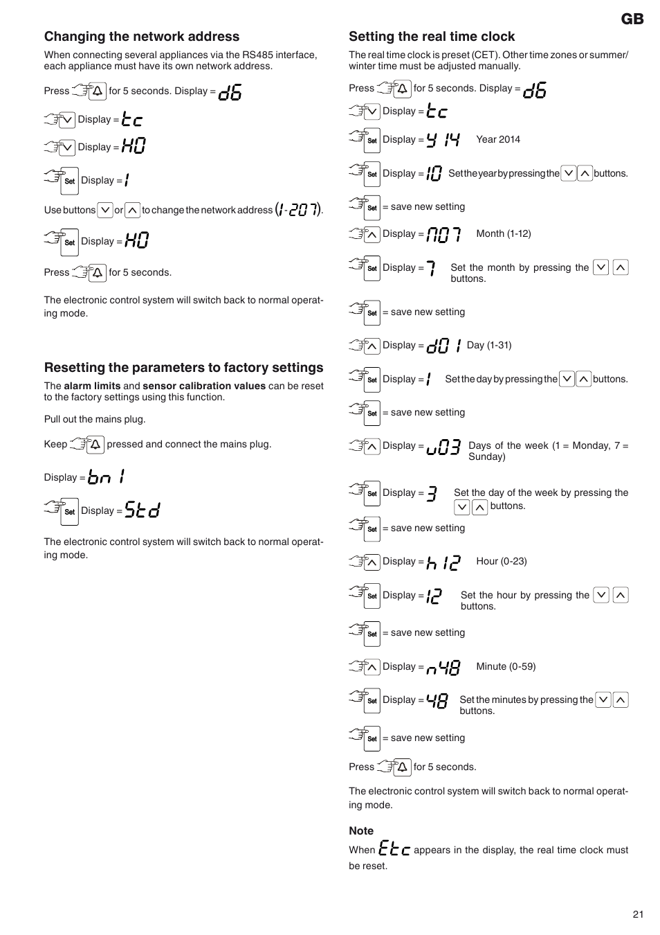 Setting the real time clock, Changing the network address, Resetting the parameters to factory settings | Liebherr MKUv 1610 User Manual | Page 9 / 13