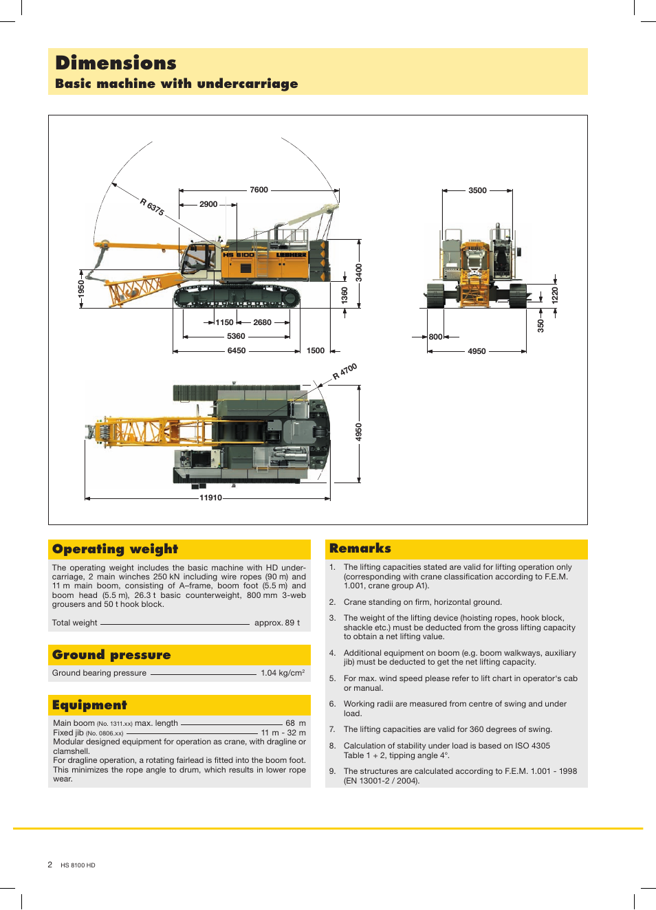 Dimensions, Basic machine with undercarriage, Operating weight | Ground pressure, Equipment, Remarks | Liebherr HS 8100 HD Litronic User Manual | Page 2 / 16