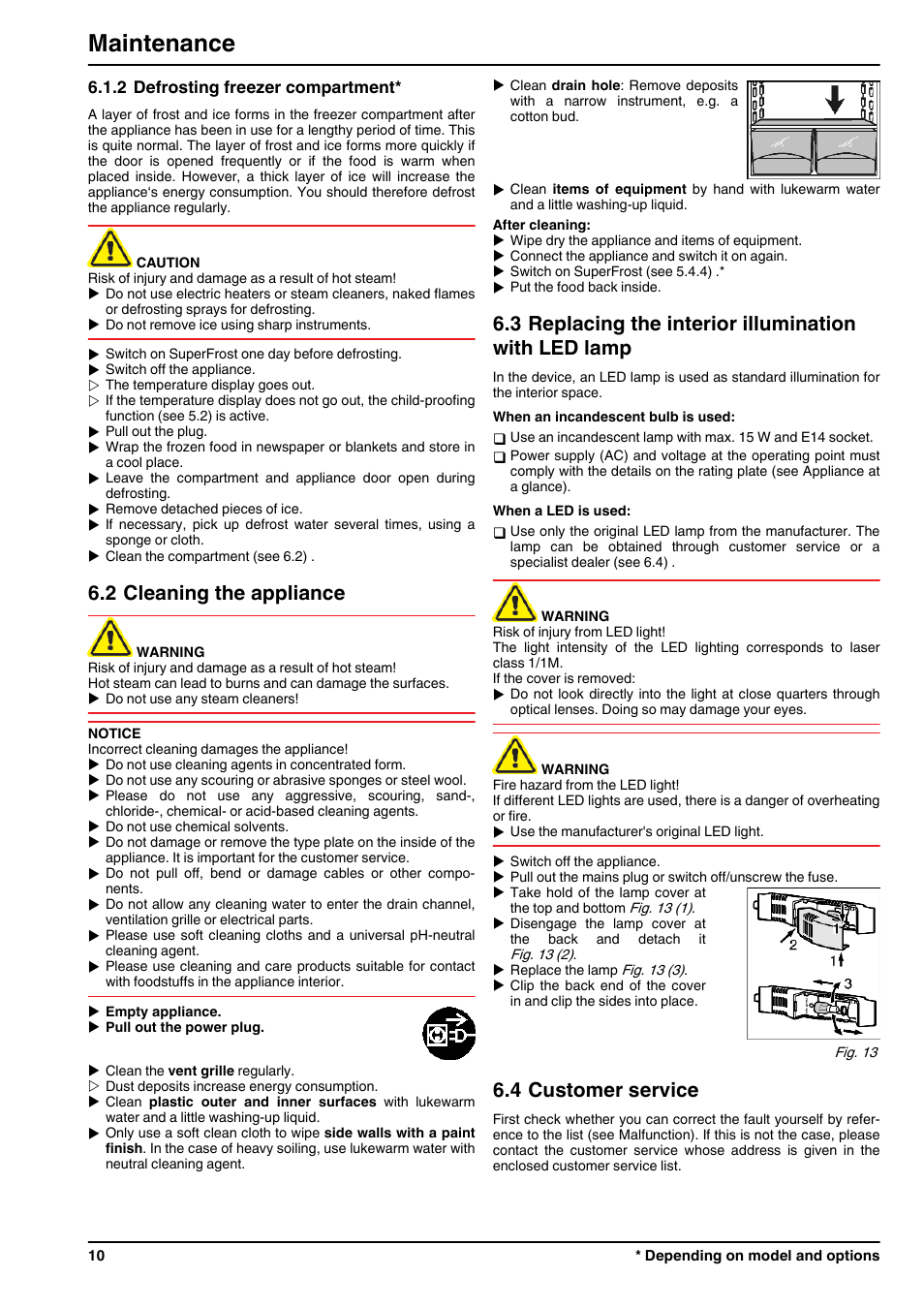 2defrosting freezer compartment, 2cleaning the appliance, 3replacing the interior illumination with led lamp | 4customer service, Maintenance, 2 cleaning the appliance, 4 customer service | Liebherr TP 1760 Premium User Manual | Page 10 / 14