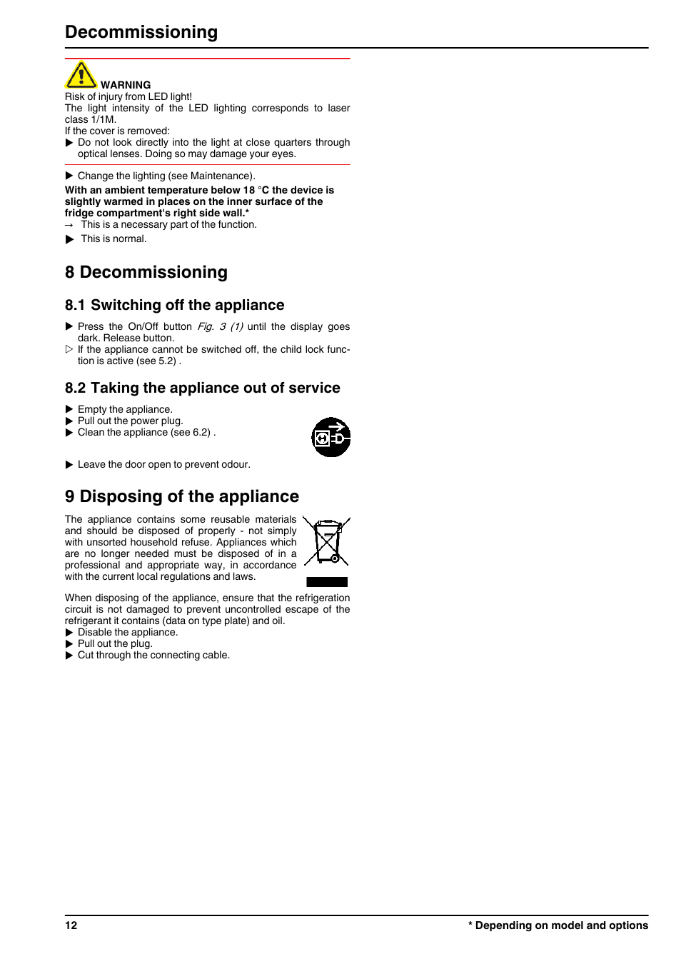 8decommissioning, 1switching off the appliance, 2taking the appliance out of service | 9disposing of the appliance, 8 decommissioning, 9 disposing of the appliance, Decommissioning, 1 switching off the appliance, 2 taking the appliance out of service | Liebherr TP 1760 Premium User Manual | Page 12 / 14