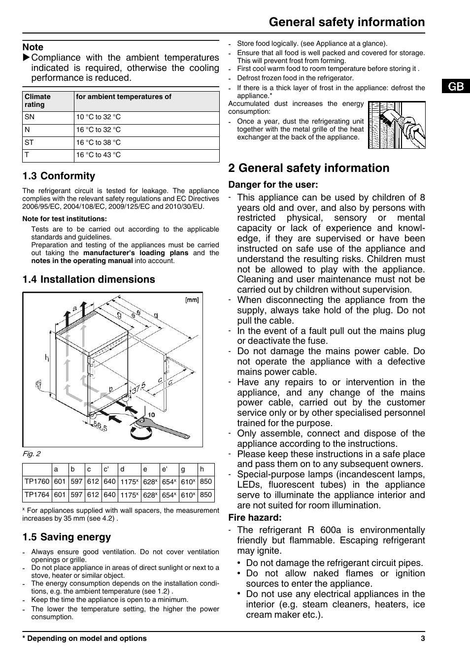 3conformity, 4installation dimensions, 5saving energy | 2general safety information, 2 general safety information, General safety information, 3 conformity, 4 installation dimensions, 5 saving energy | Liebherr TP 1760 Premium User Manual | Page 3 / 14