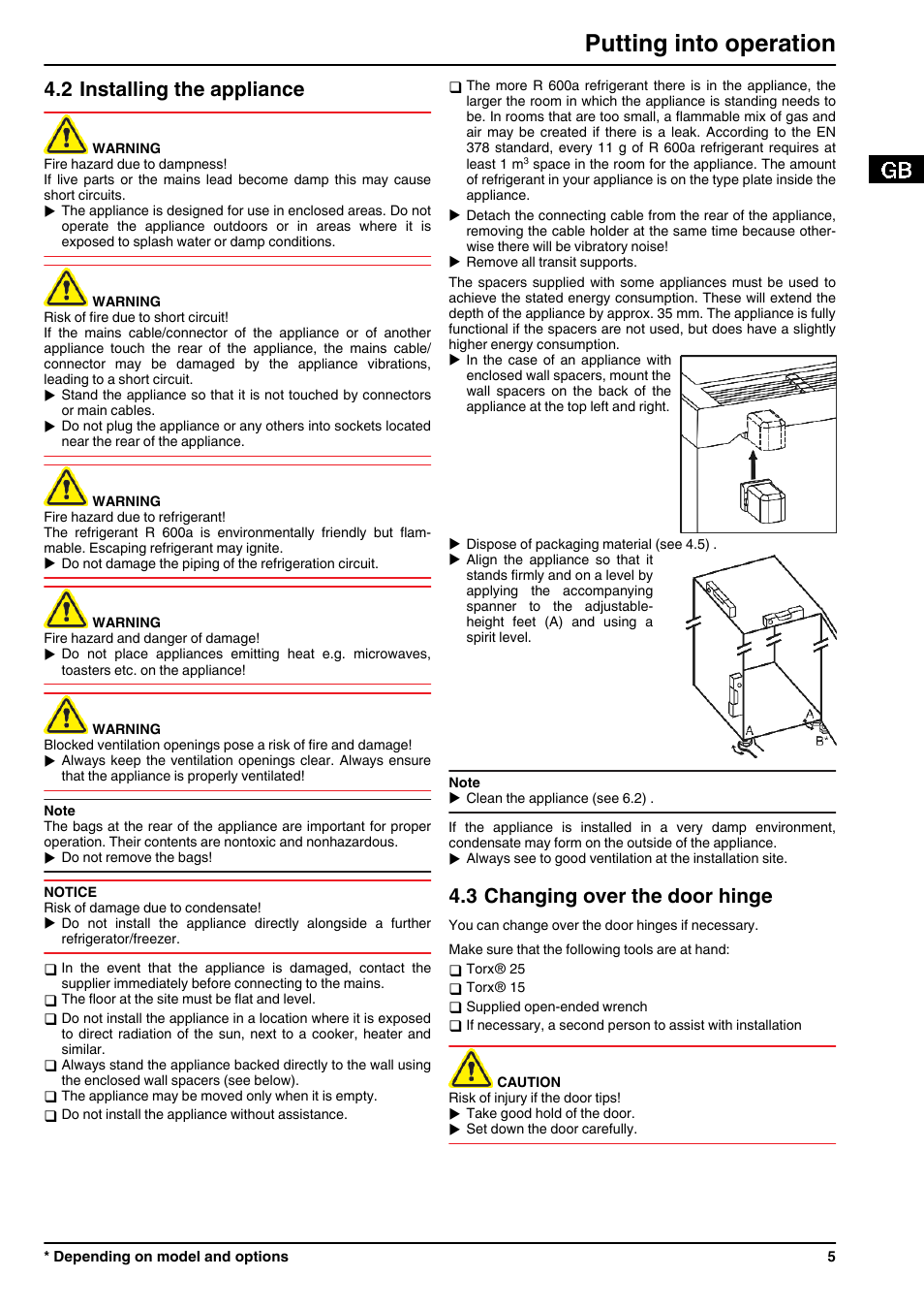 2installing the appliance, 3changing over the door hinge, Putting into operation | 2 installing the appliance, 3 changing over the door hinge | Liebherr TP 1760 Premium User Manual | Page 5 / 14